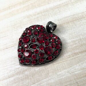 Dark sparkling Red Heart Pendant in Pewter Rhinestones 3D STATEMENT piece